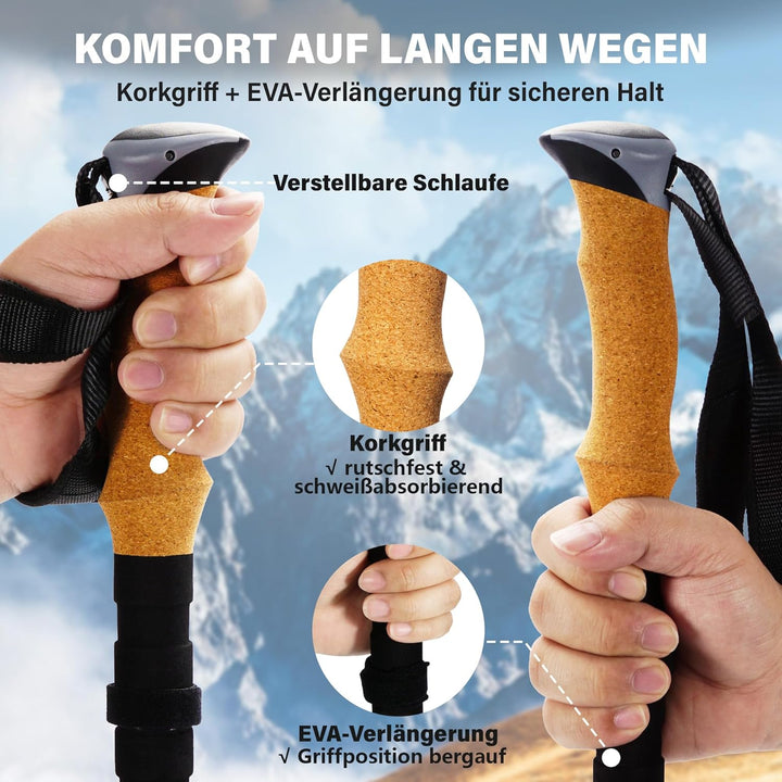 Faltbare Wanderstöcke 2er Set, Carbon 3K & Aluminium 7050, Verstellbar 110-135 cm, Korkgriff mit Eva