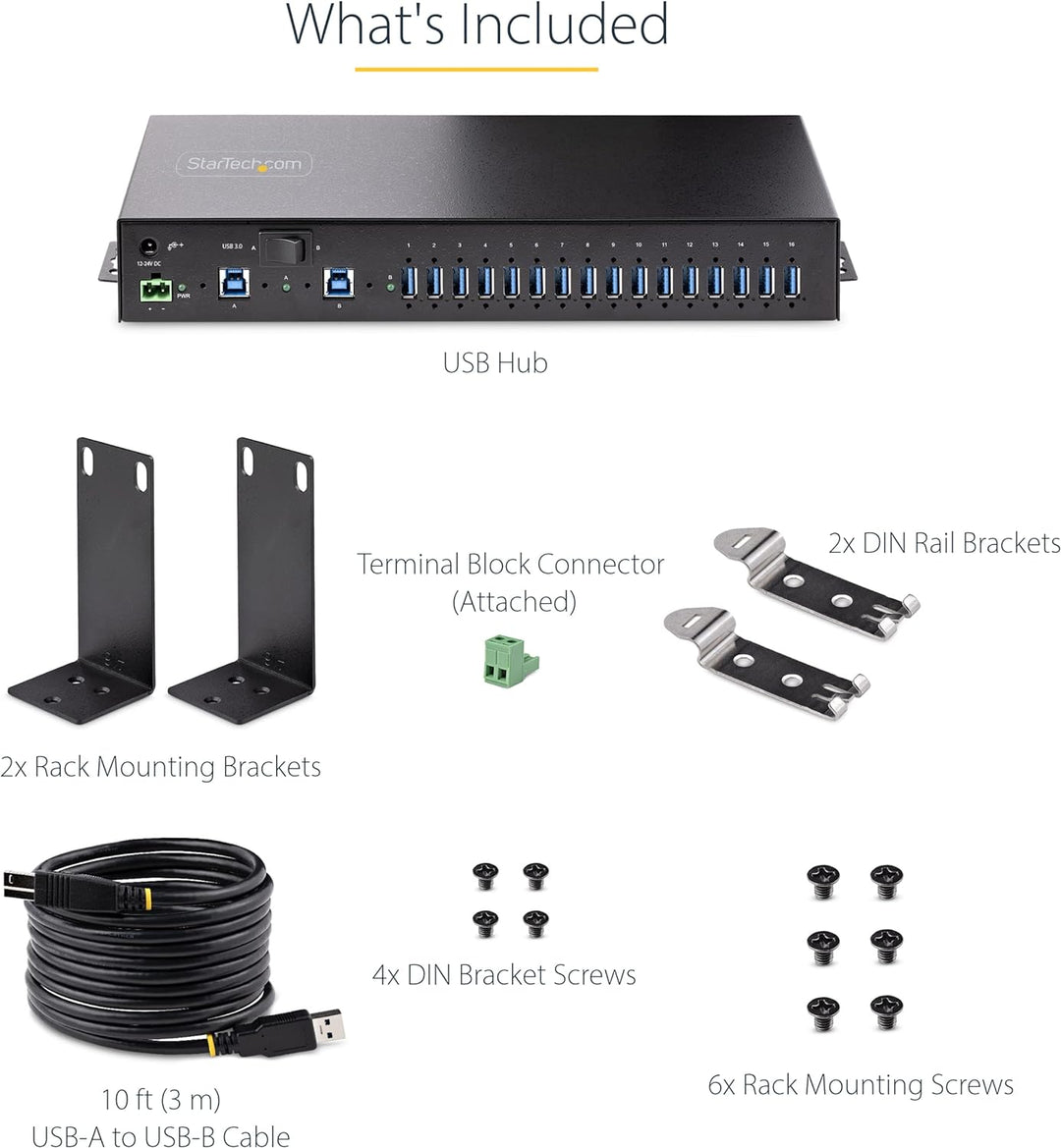 StarTech.com 16-Port Industrie USB 3.0 Hub 5Gbit/s, DIN/Aufputz/Rack Montage, ESD-Schutz, Terminal B