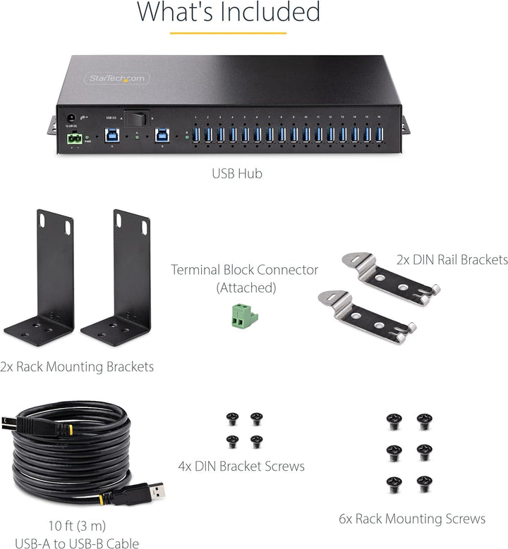 StarTech.com 16-Port Industrie USB 3.0 Hub 5Gbit/s, DIN/Aufputz/Rack Montage, ESD-Schutz, Terminal B