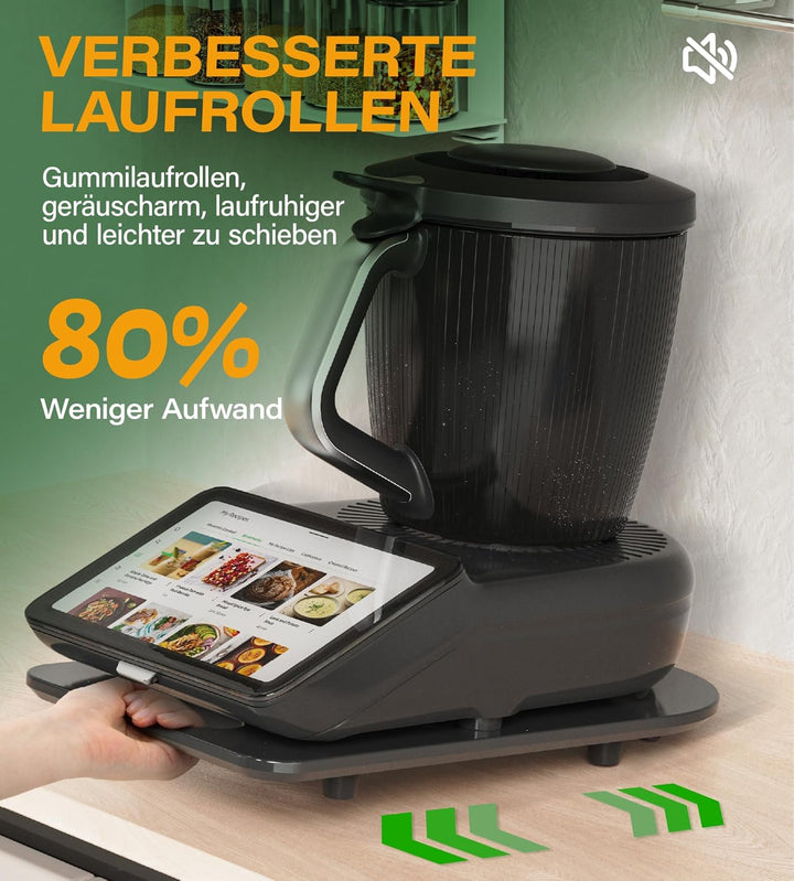 Gleitbrett für Thermomix TM7, Brett für Thermomix aus Bambus mit Rollen &amp; Gummifüssen, Leichtgängig,