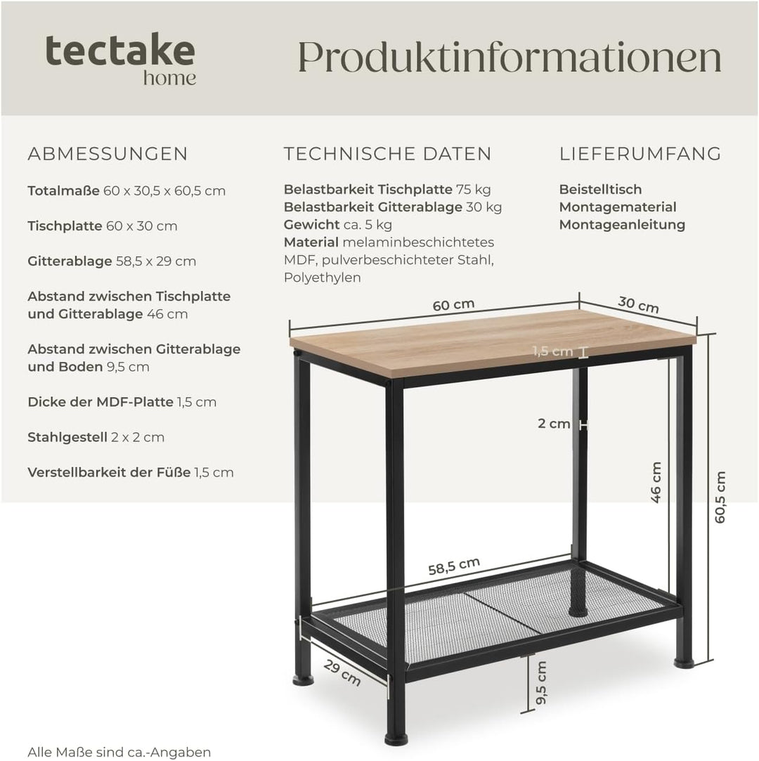 tectake® Beistelltisch Holz + Metall, Nachttisch schmal, Couchtisch mit Gitterablage, Konsolentisch,