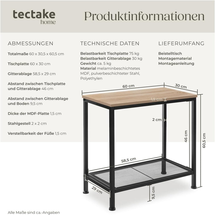 tectake® Beistelltisch Holz + Metall, Nachttisch schmal, Couchtisch mit Gitterablage, Konsolentisch,