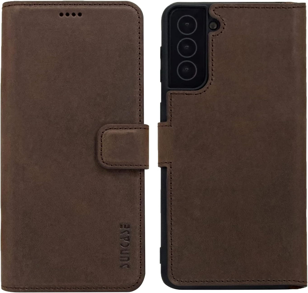 Suncase Book-Style Hülle kompatibel mit Samsung Galaxy S23 5G Leder Tasche (Slim-Fit) Lederhülle Han