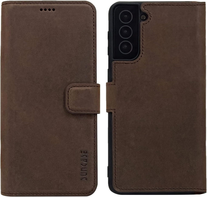 Suncase Book-Style Hülle kompatibel mit Samsung Galaxy S23 5G Leder Tasche (Slim-Fit) Lederhülle Han