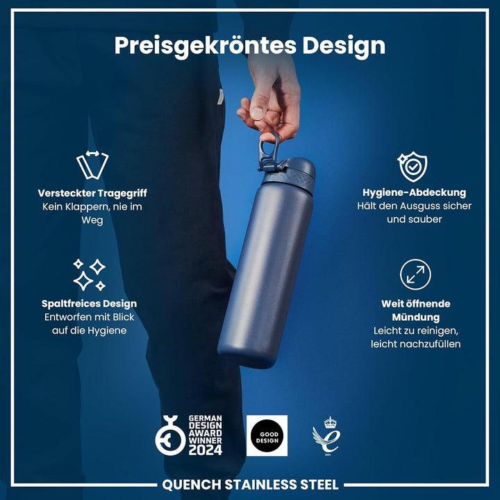 Ion8 1 Liter Edelstahl Trinkflasche, Auslaufsicher, Einhandöffnung, Sichere Verriegelung, Spülmaschi