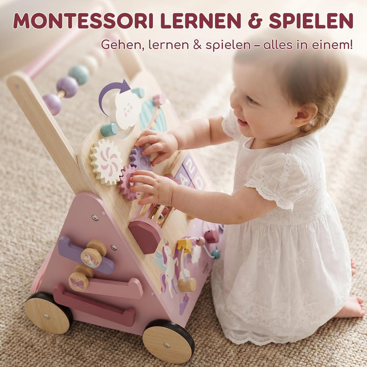Lehoo Castle Lauflernwagen Holz mit Bremse, Einhorn Laufwagen ab 1 Jahr | Einstellbare Bremse, 10-in
