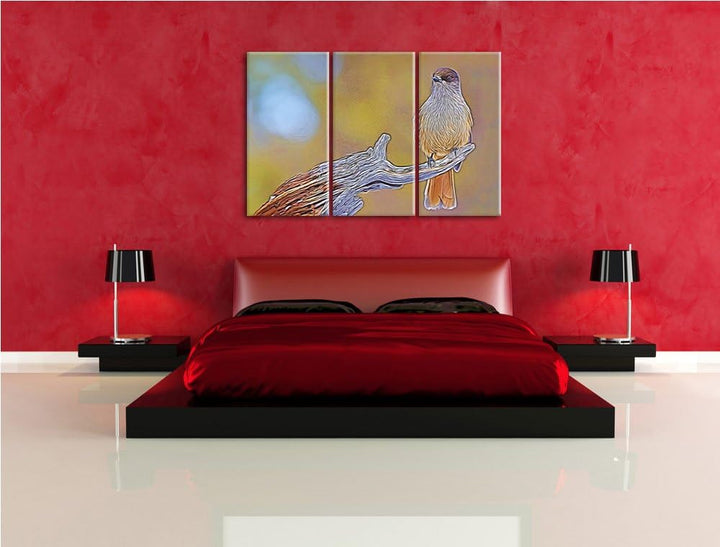 kleiner Vogel auf Ast NewArt 3-Teiler Leinwandbild 120x80 Bild auf Leinwand, XXL riesige Bilder fert