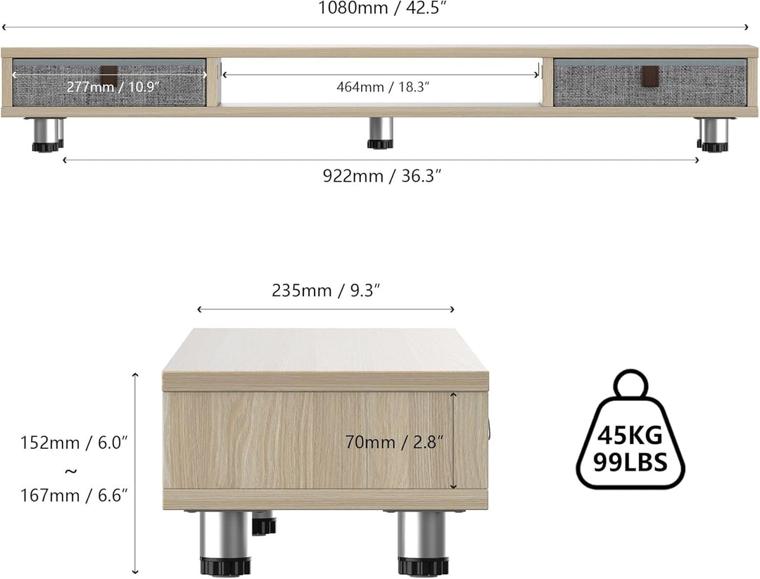 Fenge Dual Monitorständer mit 2 Schublade Grosser Bildschirmständer für PC Laptop TV, Höhenverstellb