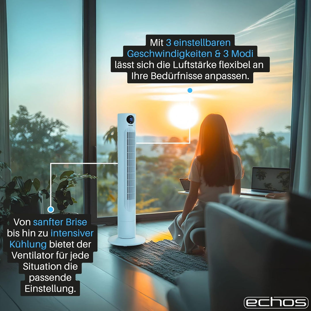 Echos Turmventilator | Ventilator sehr leise | Fernbedienung | Oszillierend | LED-Display | 3 Stufen
