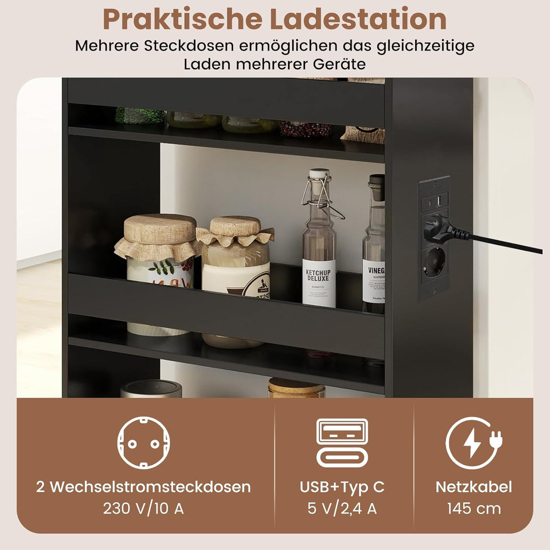 COSTWAY Nischenwagen 20cm breit, 4 Etagen Küchenwagen schmal mit Ladestation, Nischenregal auf Rolle