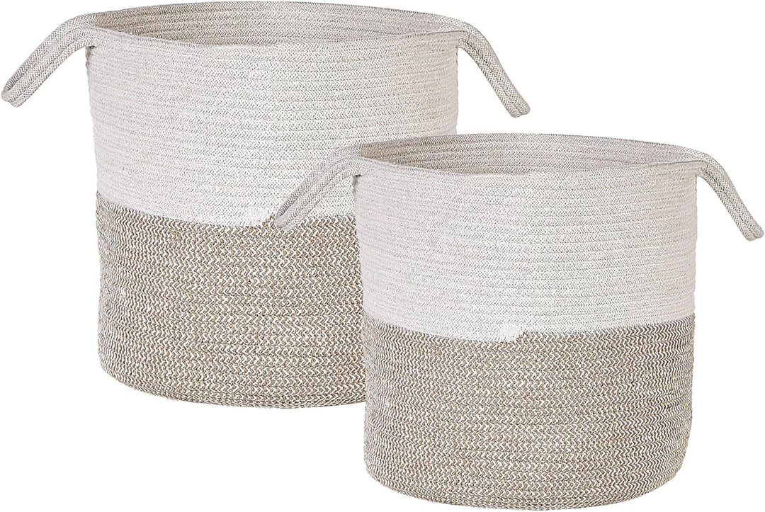 Set aus 2 beige und weissen gewebten Baumwollkörben Pazha