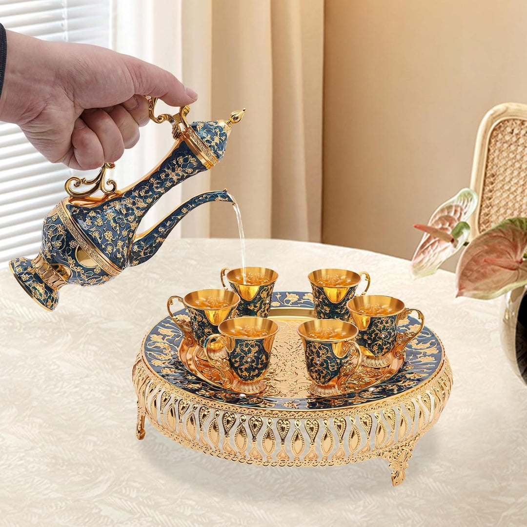 Vintage Türkische Kaffeekanne Set,Metallteekannenset mit 6 Kaffeetassen und Teetablett,Tee-Set Tee O