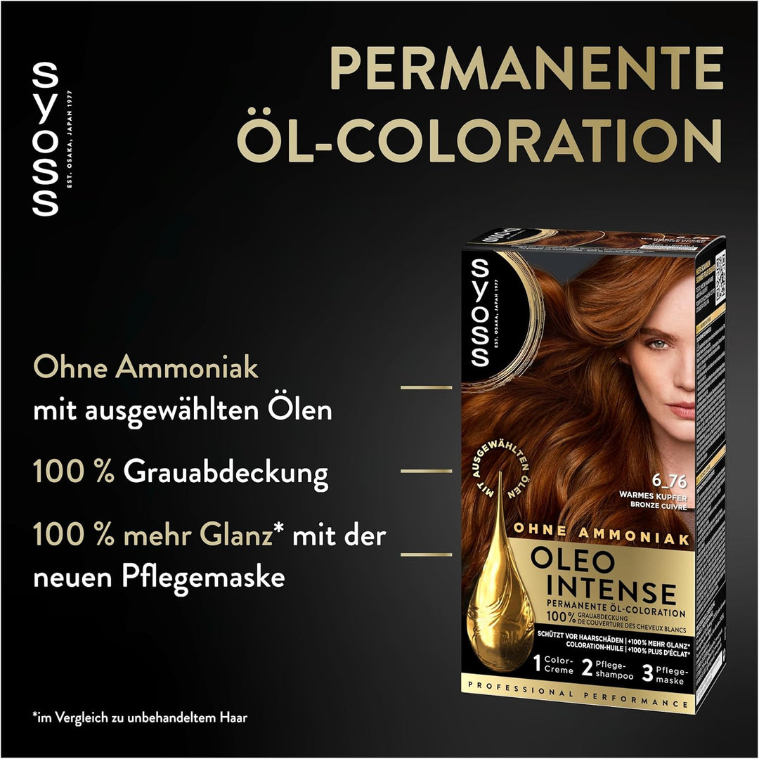 Syoss Oleo Intense Öl-Coloration 6-76 Warmes Kupfer Stufe 3 (115 ml), dauerhafte Haarfarbe mit pfleg