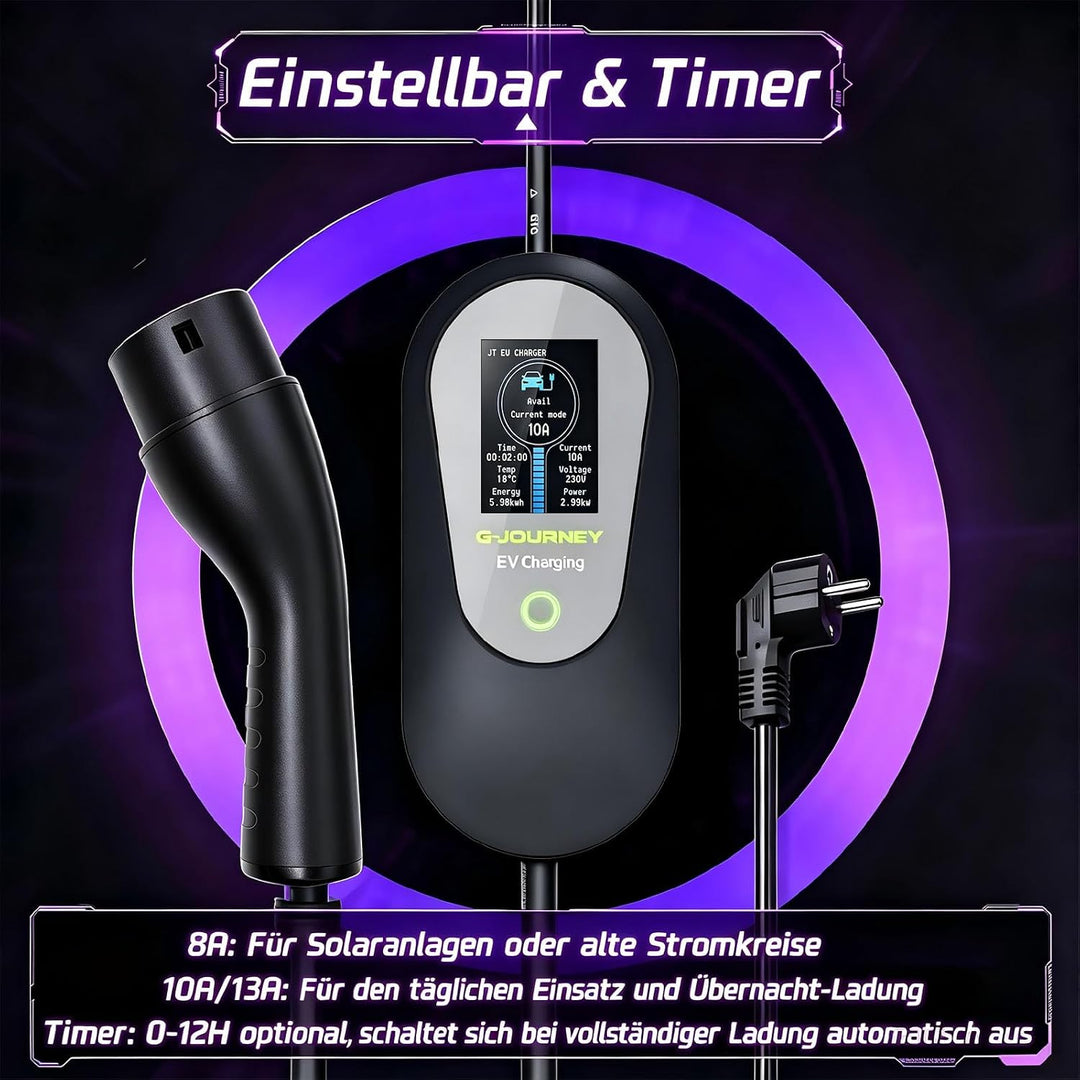 Ladekabel Elektroauto Typ 2 Schuko 10M【8-13A,1-phasig】 Tragbares EV Ladekabel Typ 2 Schuko Ladegerät