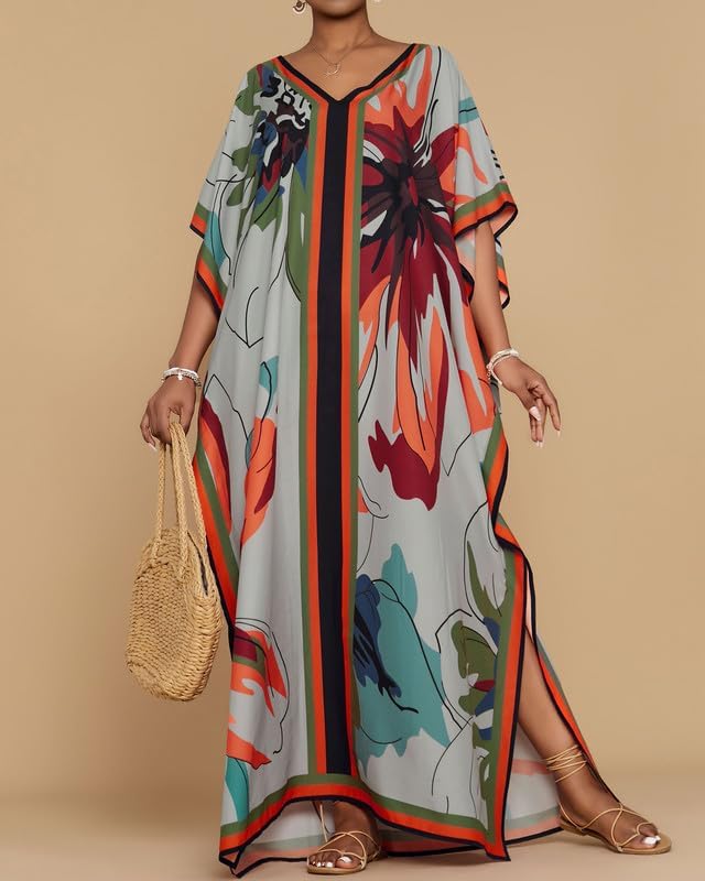 Bsubseach Damen Kaftan Kleider Batwing Sleeve Strandkleid V-Ausschnitt Caftan Maxi Kleid Sommer Blau