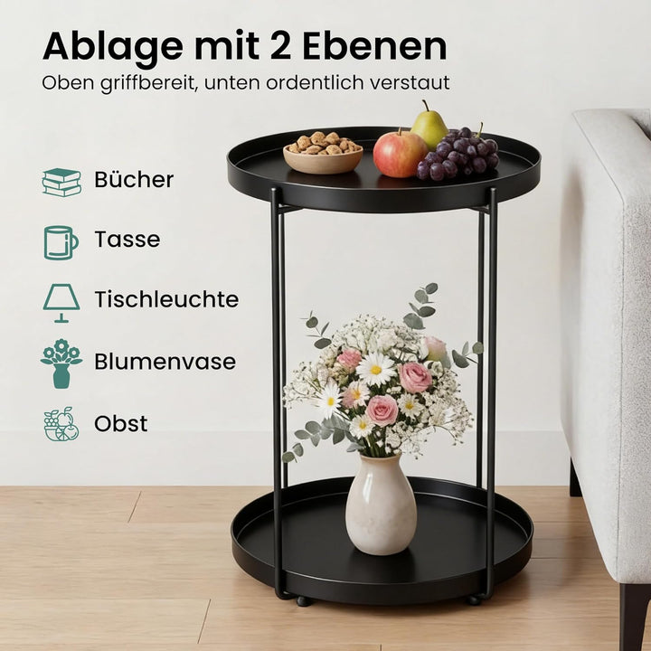 Mai & Mai Beistelltisch rund Ø35×H51 cm, Couchtisch klein mit abnehmbarem Tablett aus PP-Kunststoff,