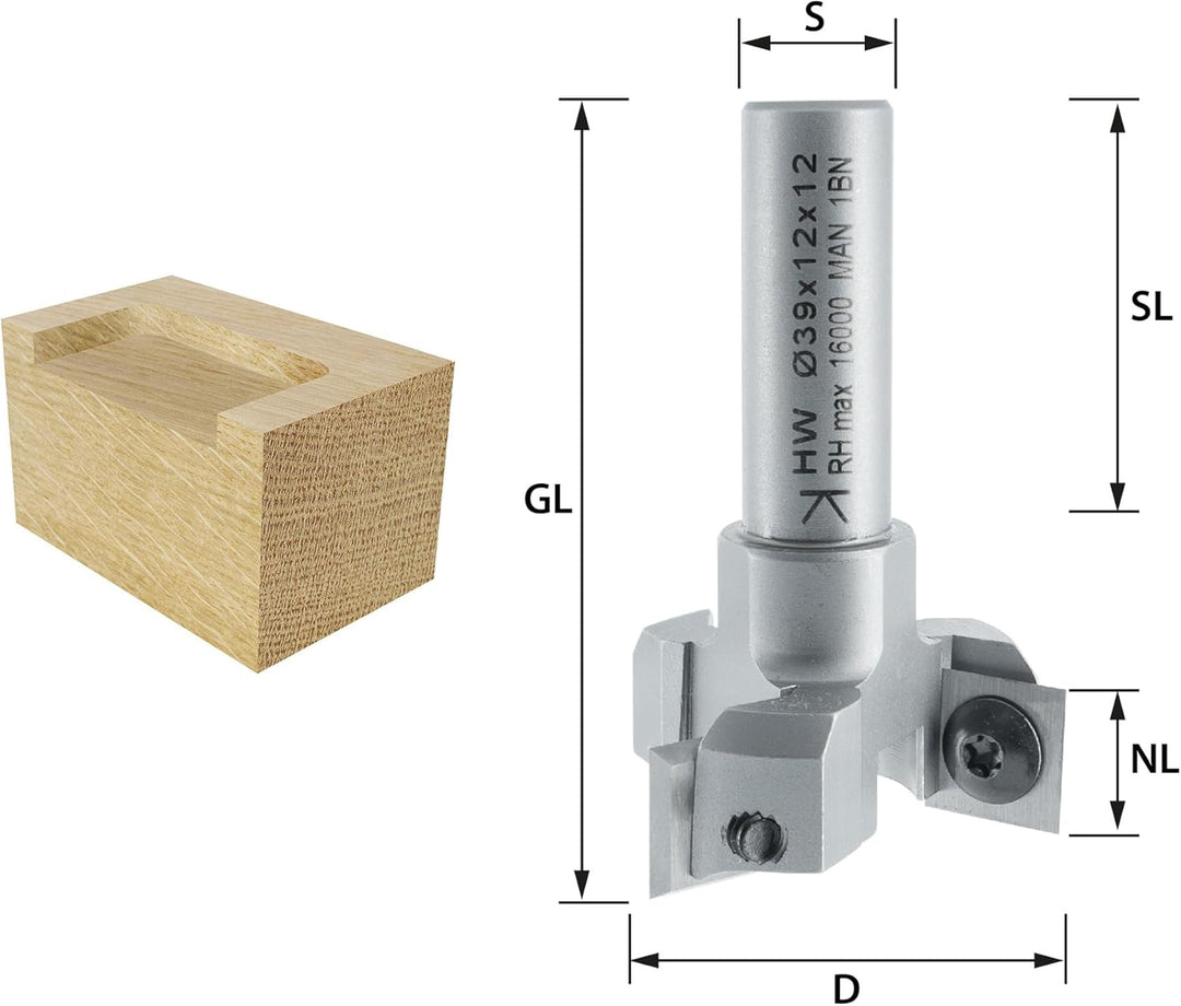 ENT 20439 Wendeplatten Planfräser Schaft (S) 12 mm, Durchmesser (D) 39 mm, NL 12 mm, dreischneidig,