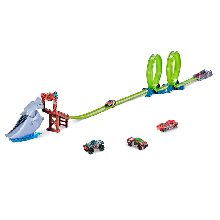 Metal Machines Shark Attack Building Trackset mit Mini-Rennwagen, Diecast Spielset