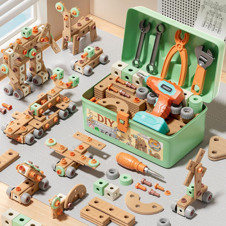 CUTE STONE Werkzeugkasten für Kinder mit elektrischem Spielzeugbohrer und Werkzeuggürtel – Kinderspi