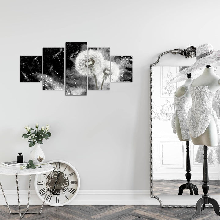 Runa Art Wandbilder Blumen Pusteblume 5 Teilig Bild auf Vlies Leinwand Deko Wohnzimmer Abstrakt Schw