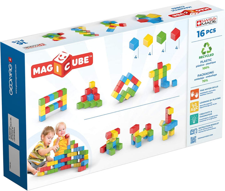 Geomag - Magicube 1+ Full Colour - Magnetic Cubes for Kids - 4 Colours - 16 Blocks – 100 Percent Rec