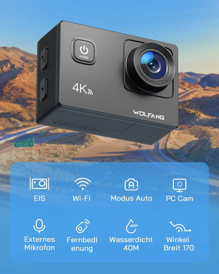 WOLFANG Action Cam 4K30FPS 20MP mit 32GB microSDXC Speicherkarte WiFi 40M Unterwasserkamera Wasserdi