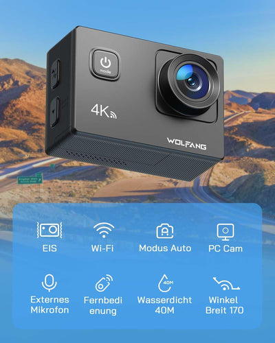 WOLFANG GA100 Action Cam 4K 20MP Unterwasserkamera WiFi 40M wasserdichte EIS Bildstabilisator Helmka