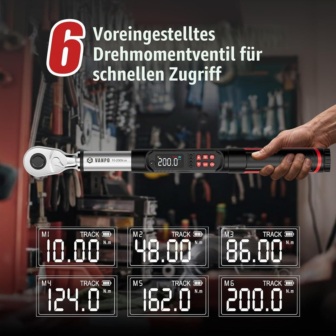 VANPO Digitaler Drehmomentschlüssel 200NM 1/2 Zoll 10-200Nm(Digitaler), 1/2 Zoll 10-200Nm(Digitaler)