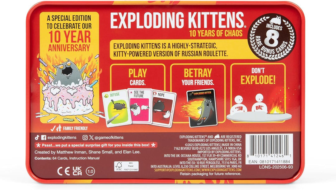 Exploding Kittens -10th Anniversary Collectible Tin (New Edition) – Updated with 8 Legacy Cards – Hi
