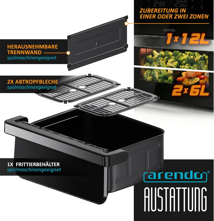 Arendo - Heissluftfritteuse XXL 12 Liter - 2 Kammern / 1 Kammer Match Funktion - extra Gross - Backo