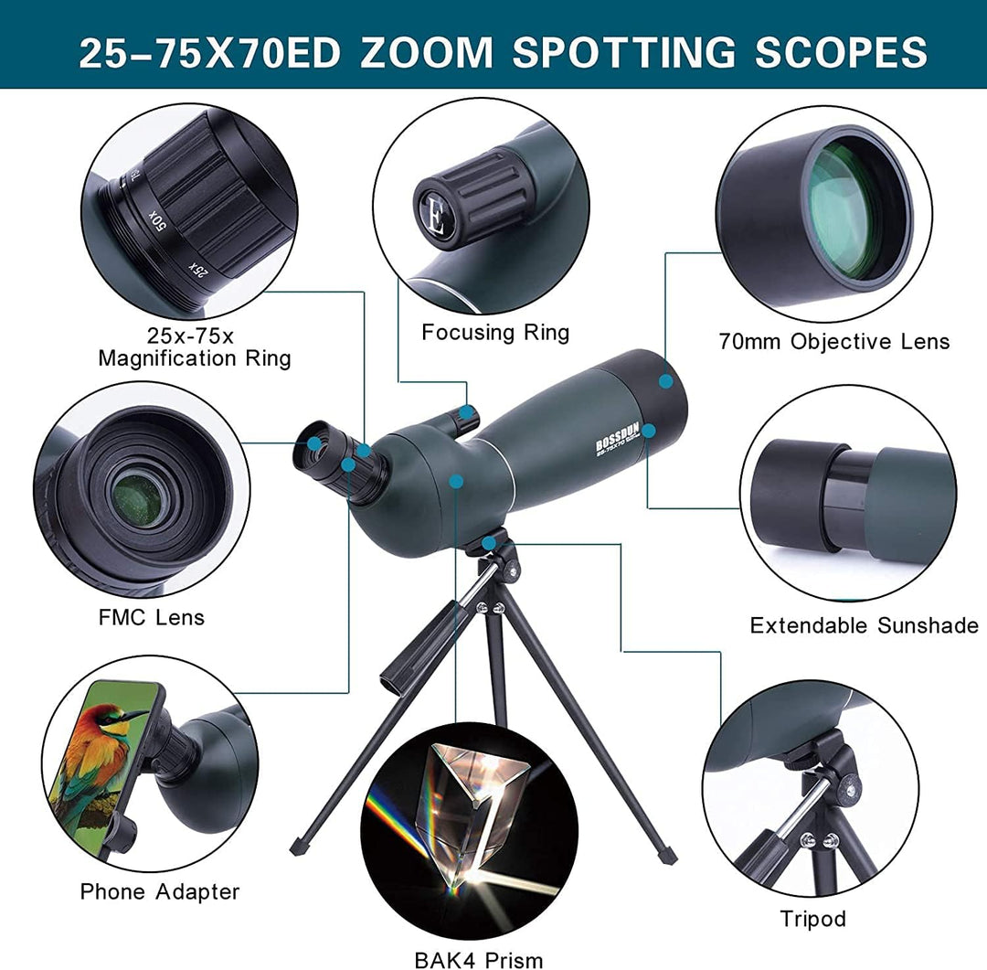 25-75x70 Spektive mit Stativ, Zoom Wasserdichtes BAK4 Prisma-Monokular-Teleskop für Vogelbeobachtung