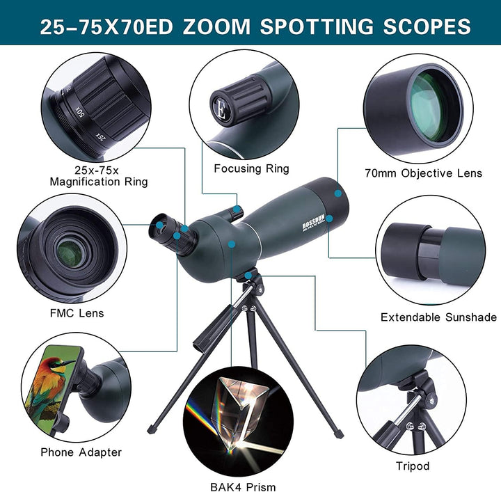 25-75x70 Spektive mit Stativ, Zoom Wasserdichtes BAK4 Prisma-Monokular-Teleskop für Vogelbeobachtung