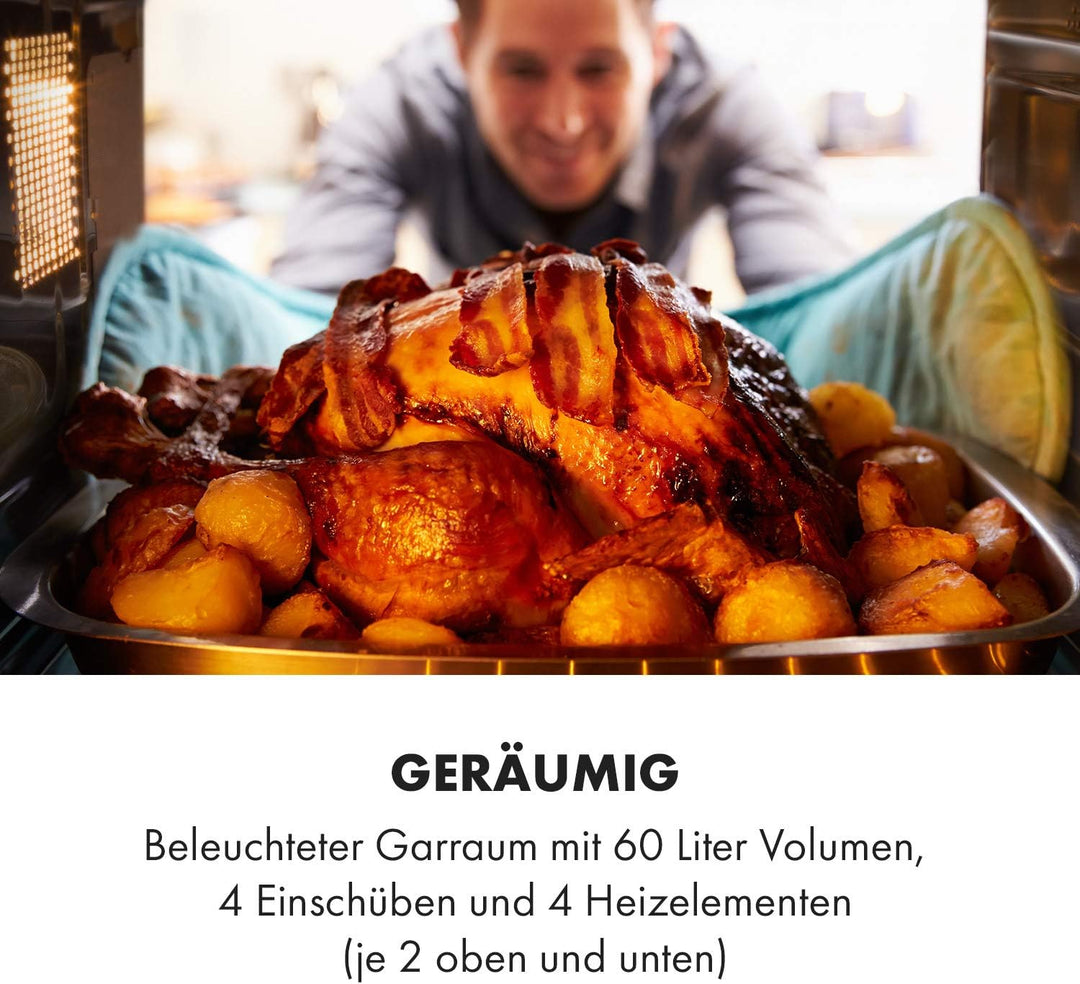 Klarstein Masterchef Minibackofen, Mini Backofen Temperatur: 100-230 °C, Ofen mit Drehspiess, Umluft