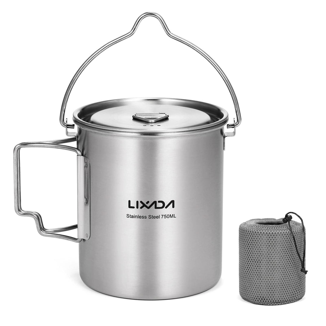 Lixada Camping Topf Edelstahl Titan Tasse Becher 750ml mit Faltbaren Griffe und Deckel Outdoor Tasse