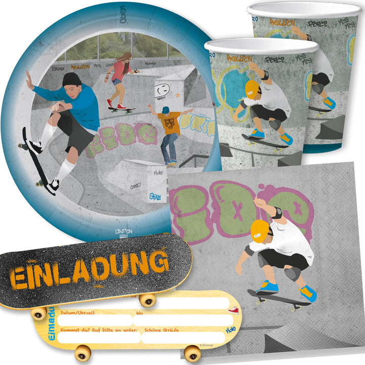 42-tlg. Party-Set * SKATEPARK * mit Teller + Becher + Servietten + Einladungen | Skating Geburtstag