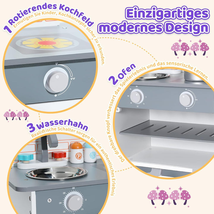 Kinderküche aus Holz mit Zubehör, Rollenspielküche für Kinder, Mini Küchenchef Spielset, Kinderküche