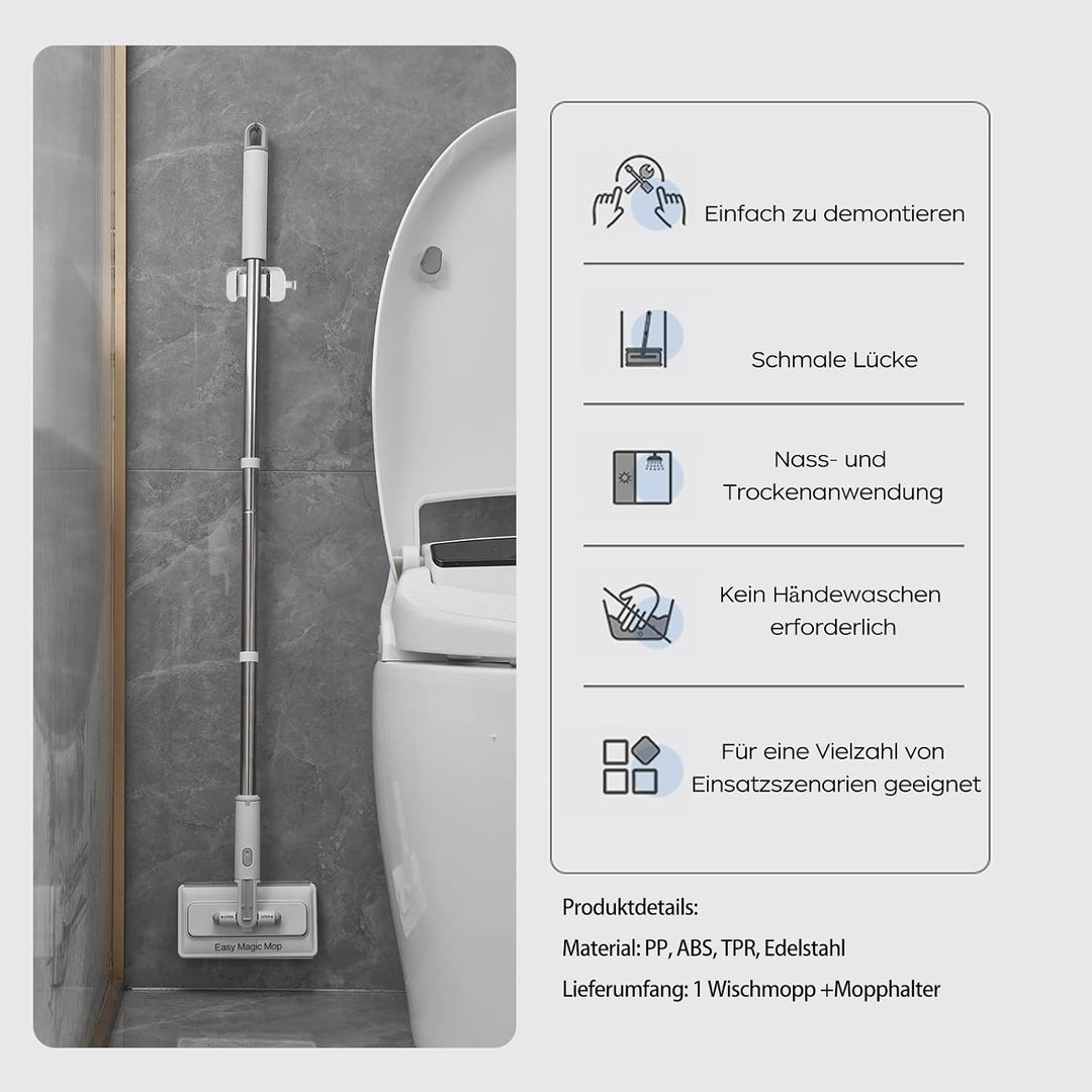 Wischmopp mit EIN-Knopf-Wechsel & Klemm-System, Zero Touch Bodenwischer für Feuchttücher, Multifunkt