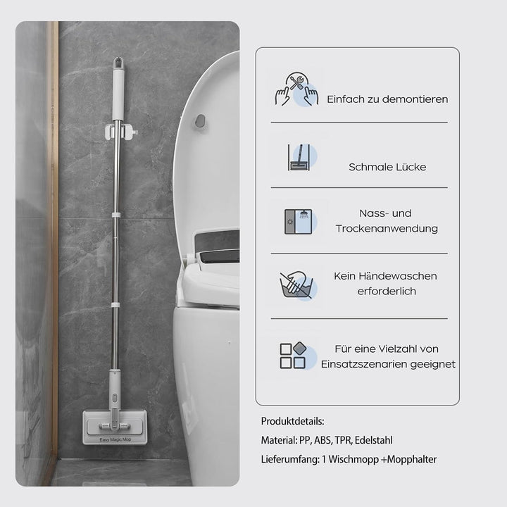 Wischmopp mit EIN-Knopf-Wechsel & Klemm-System, Zero Touch Bodenwischer für Feuchttücher, Multifunkt