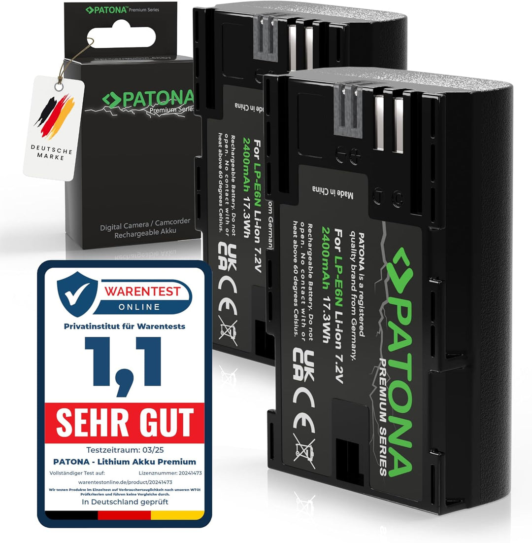 PATONA 2X Premium Akku LP-E6N Kompatibel mit Canon EOS R5 R6 7D 6D 5D Mark II III 80D 90D