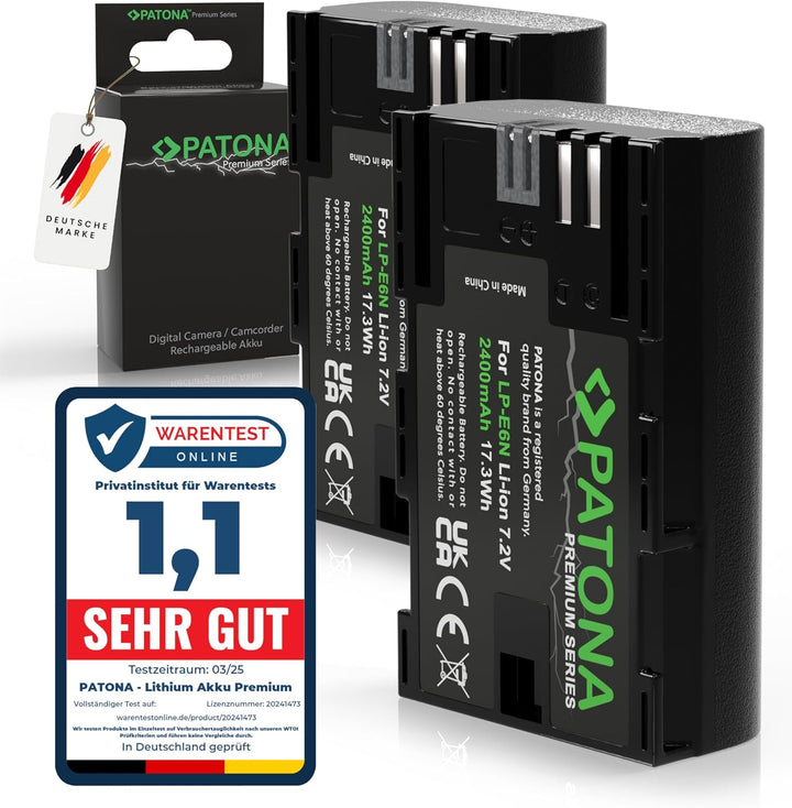 PATONA 2X Premium Akku LP-E6N Kompatibel mit Canon EOS R5 R6 7D 6D 5D Mark II III 80D 90D