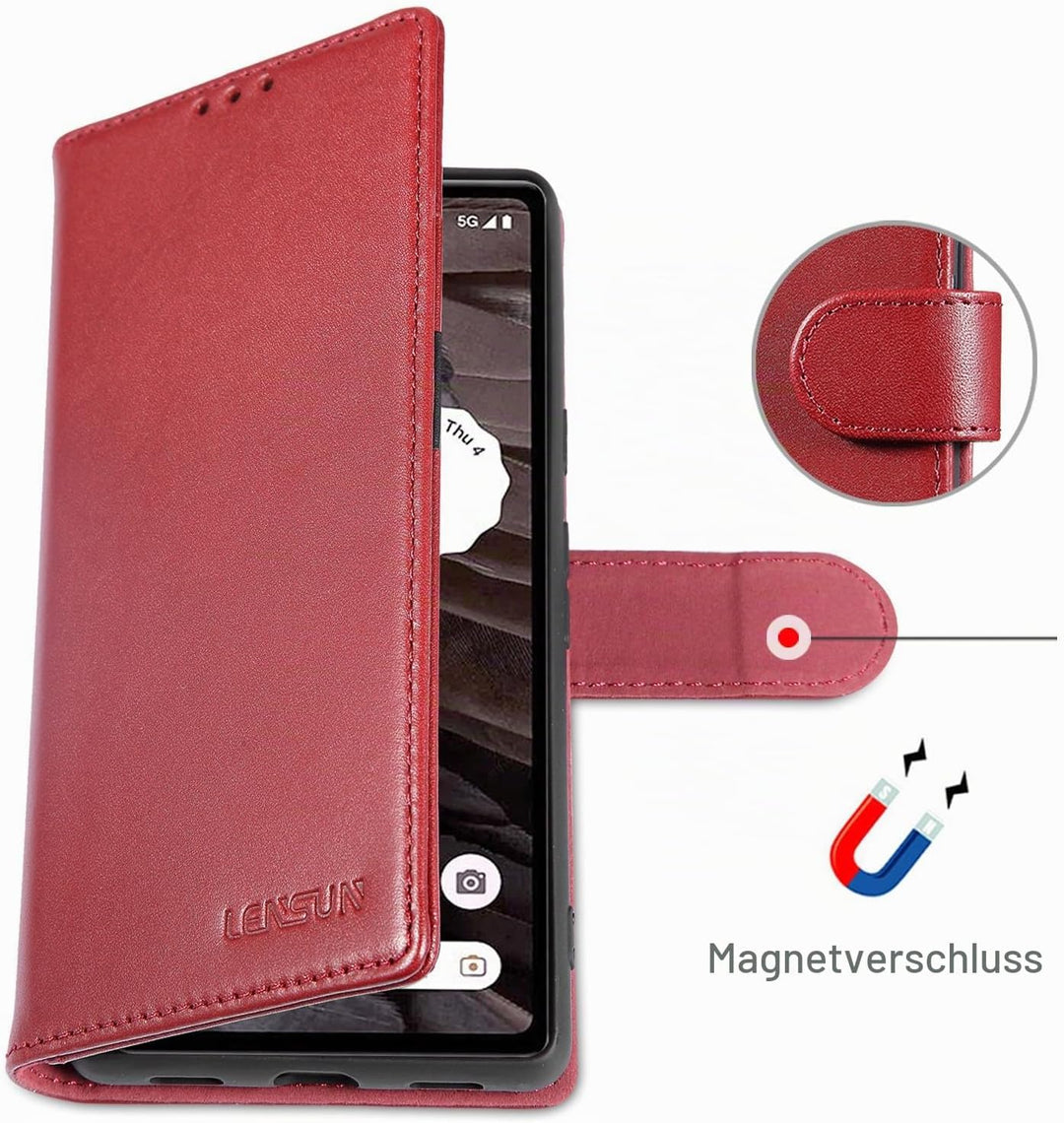 LENSUN Echtleder Hülle für Google Pixel 7a, Handyhülle [Echtes Leder] [Magnetverschluss] [RFID Schut