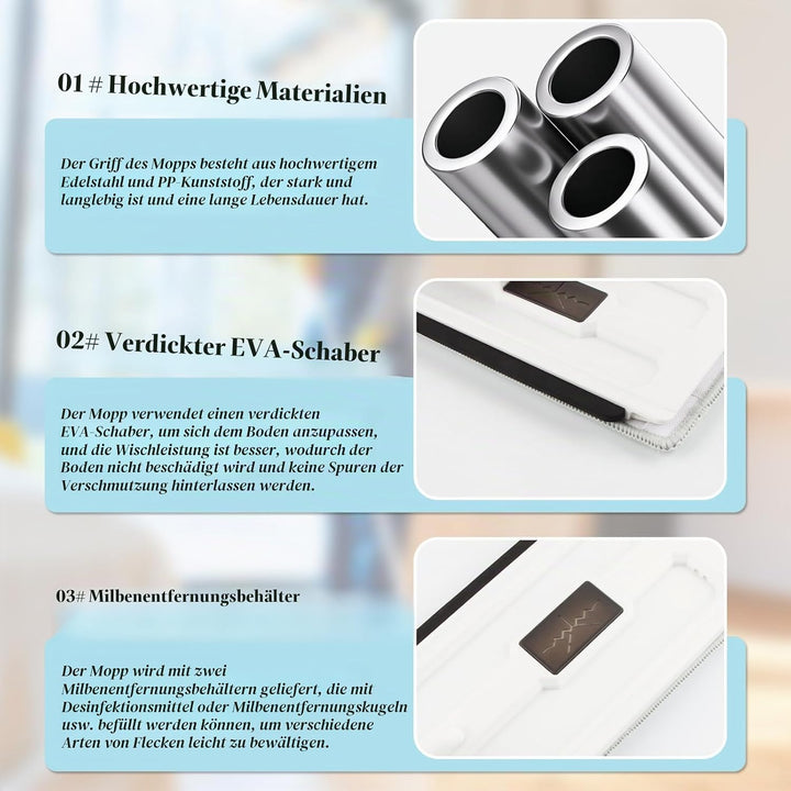 Grosser Flachmopp mit Auswringfunktion, dellyy Flachmopp, 360° Drehgelenk Bodenwischer Wischmopp Set