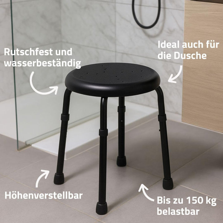 RIDDER – Bad-Hocker Go, Ø 50x34,9-52,5cm, schwarz, Aluminium/PE/TPR | Höhenverstellbarer Duschhocker