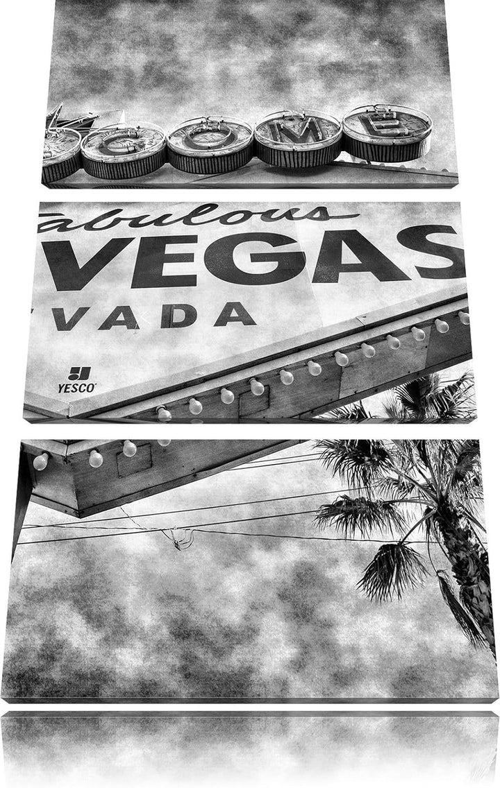 Pixxprint Monocrome, Las Vegas Ortseingangsschild im Retro Look 3-Teiler Leinwandbild 120x80 Bild au