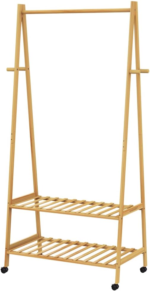 Casaria® Bambus Kleiderständer auf Rollen stabile Kleiderstange mit Ablagen & Haken platzsparender G