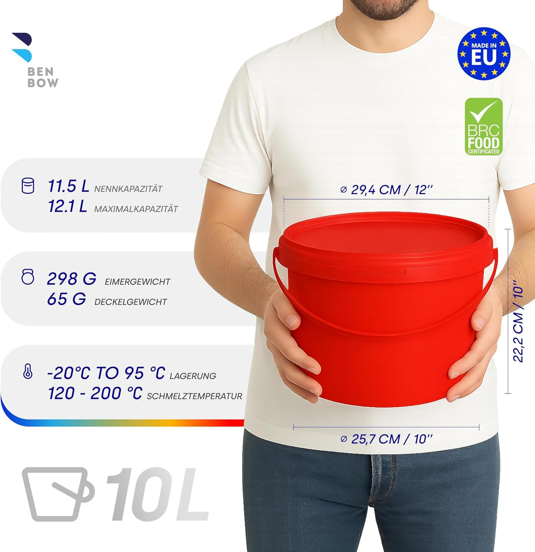 BenBow Eimer mit Deckel 10l Rot 3X 10 Liter - lebensmittelecht, stabil, luftdicht, auslaufsicher, ge