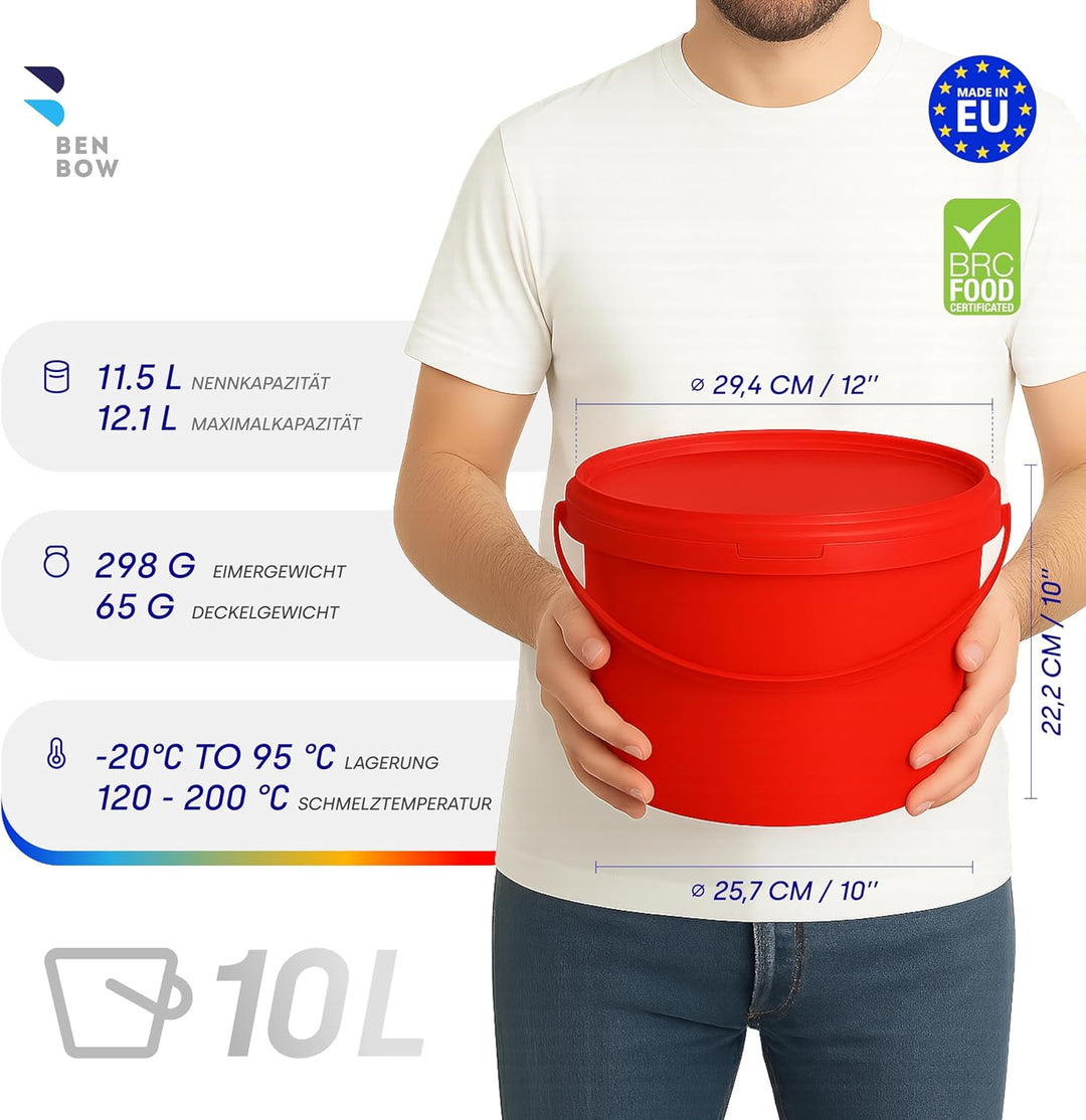 BenBow Eimer mit Deckel 10l rot 20x 10 Liter - lebensmittelecht, stabil, luftdicht, auslaufsicher, g