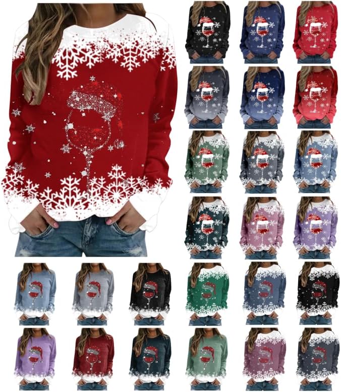 Weihnachtspullover Damen Weinglas Schneeflocken Druck Langarmshirt Farbverlauf Weihnachtspulli Chris