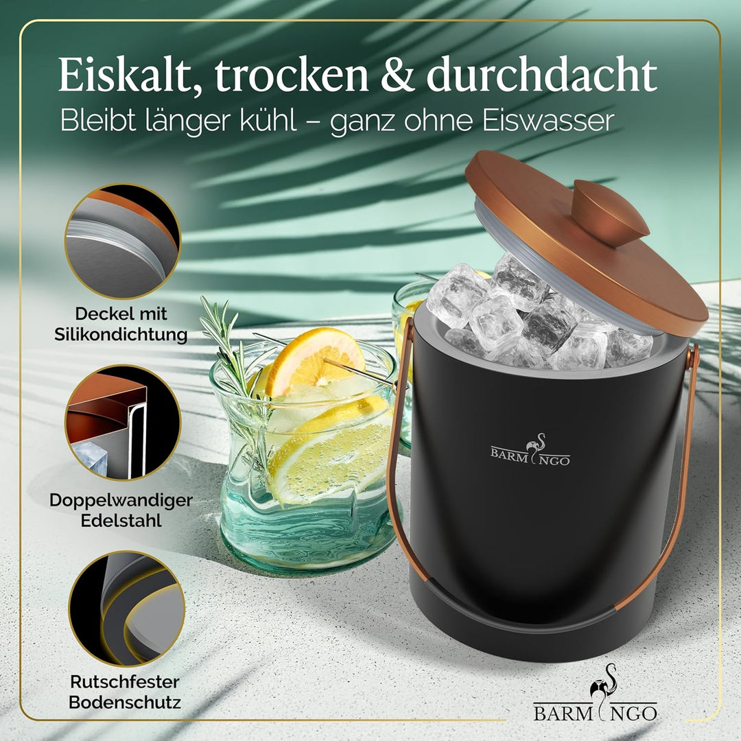 Edelstahl Eiswürfelbehälter mit Deckel - 2l Eiskübel/Eisbehälter für Eiswürfel mit Sieb, Eiswürfelfo