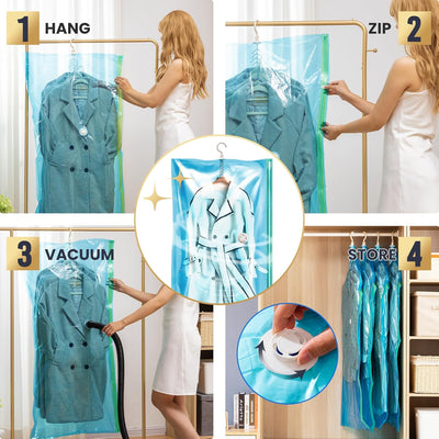 TAILI Hängende Vakuumbeutel für Kleidung, 4 Packungen (2 lange 135x70cm & 2 kurze 105x70cm), Blau Va